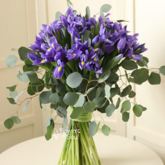 Buchet cu 47 iriși și eucalipt