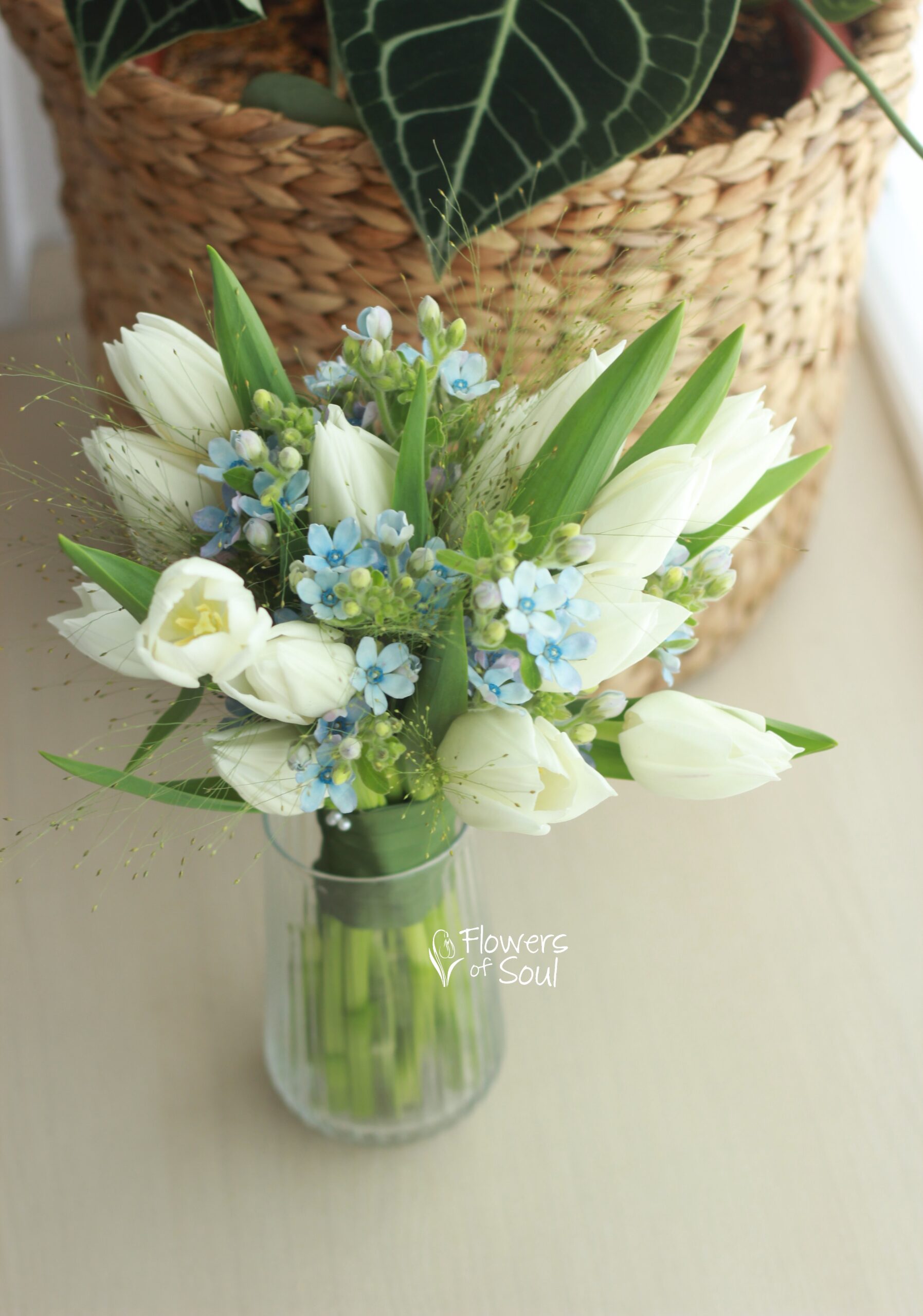 Buchet cu oxypetalum bleu și lalele albe