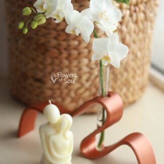 Set lumânare din ceară de soia turnată manual, vază minimalistă și mini orhidee Phalaenopsis