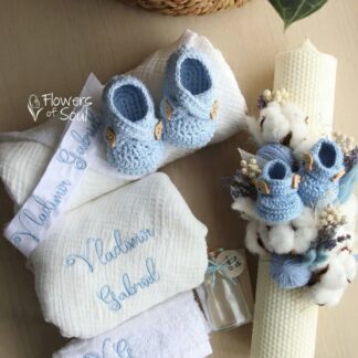 Trusou și lumânare din ceară naturală pentru botez - Baby Blue