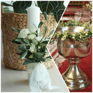 Set decor pentru cristelniță și lumânare pentru botez cu frunze de măslin naturale și miniroze